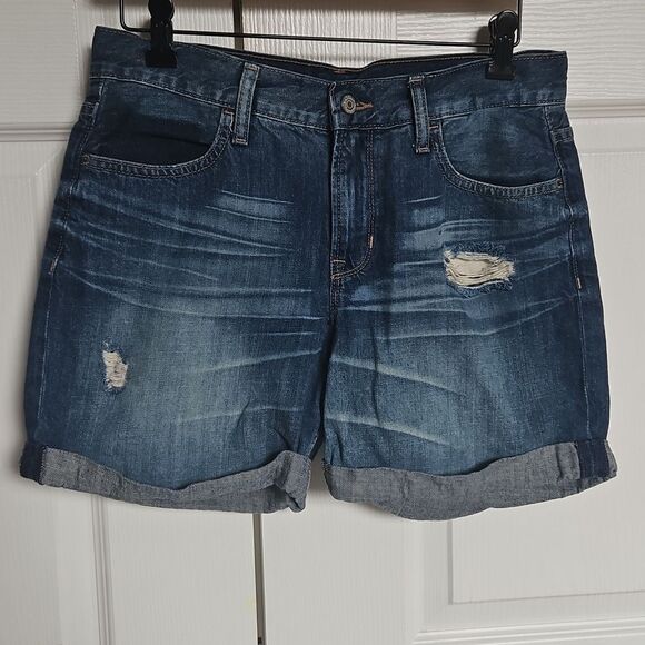 Blue Distressed Denim Boyfriend Shorts - Picture 9 of 16